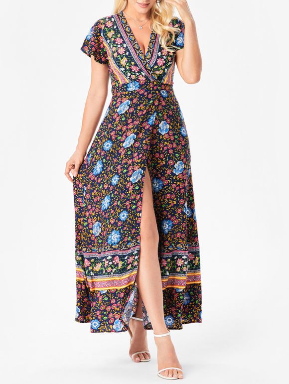 Allover Floral Print Maxi Dress Surplice Plunging Neck High Slit Flutter Sleeve Dress - multicolor M