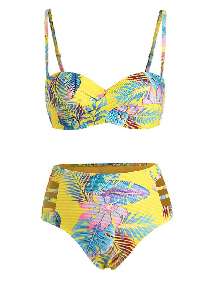 Maillot de Bain Bikini Découpé Tordu Feuille Tropicale à Taille Haute à Armature - multicolor XL