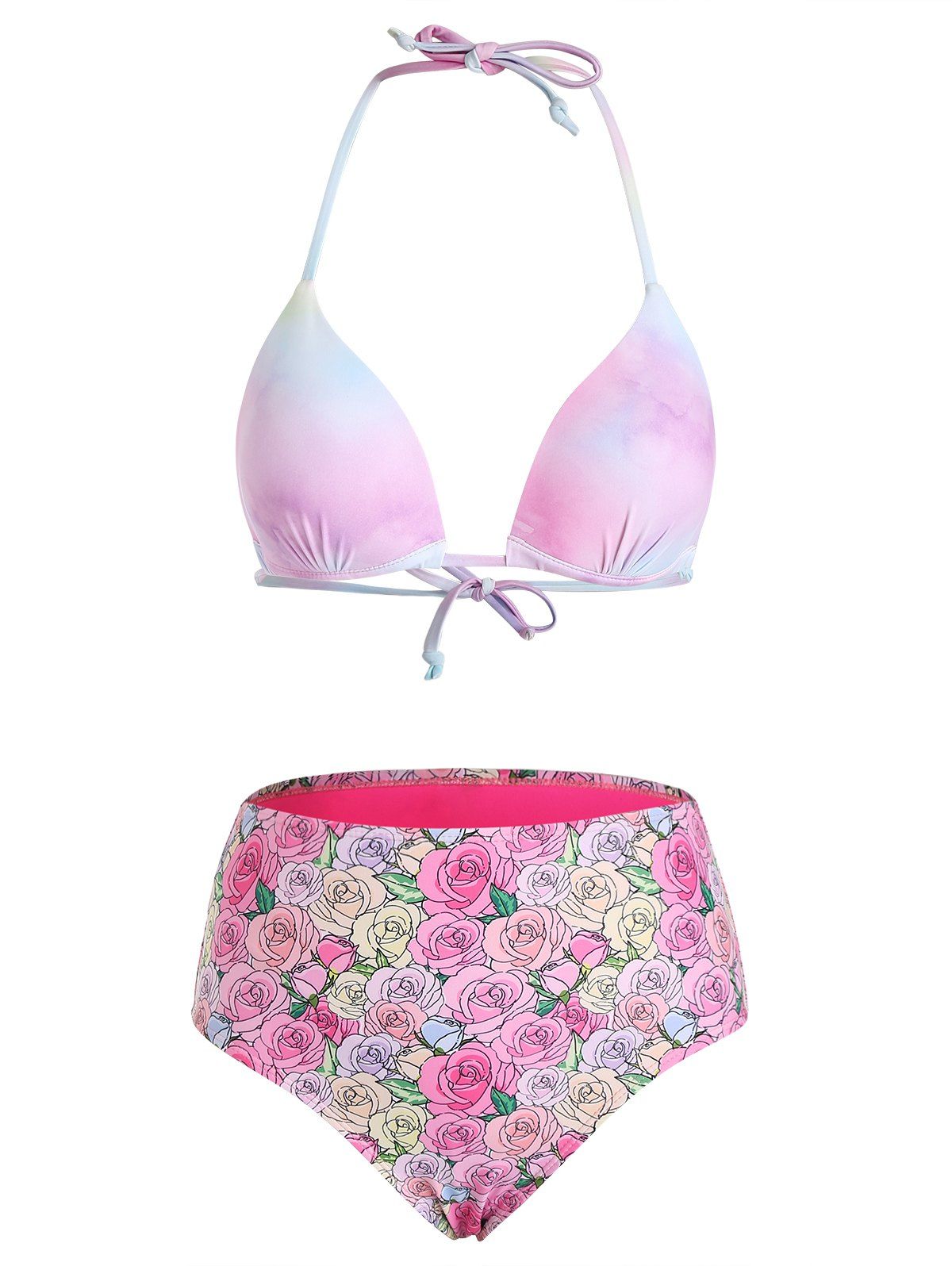 Tie Dye Halter Beach Bikini Swimsuit Allover Rose Print High Cut Tied Open Back Three Piece Swimwear - LIGHT PINK XL