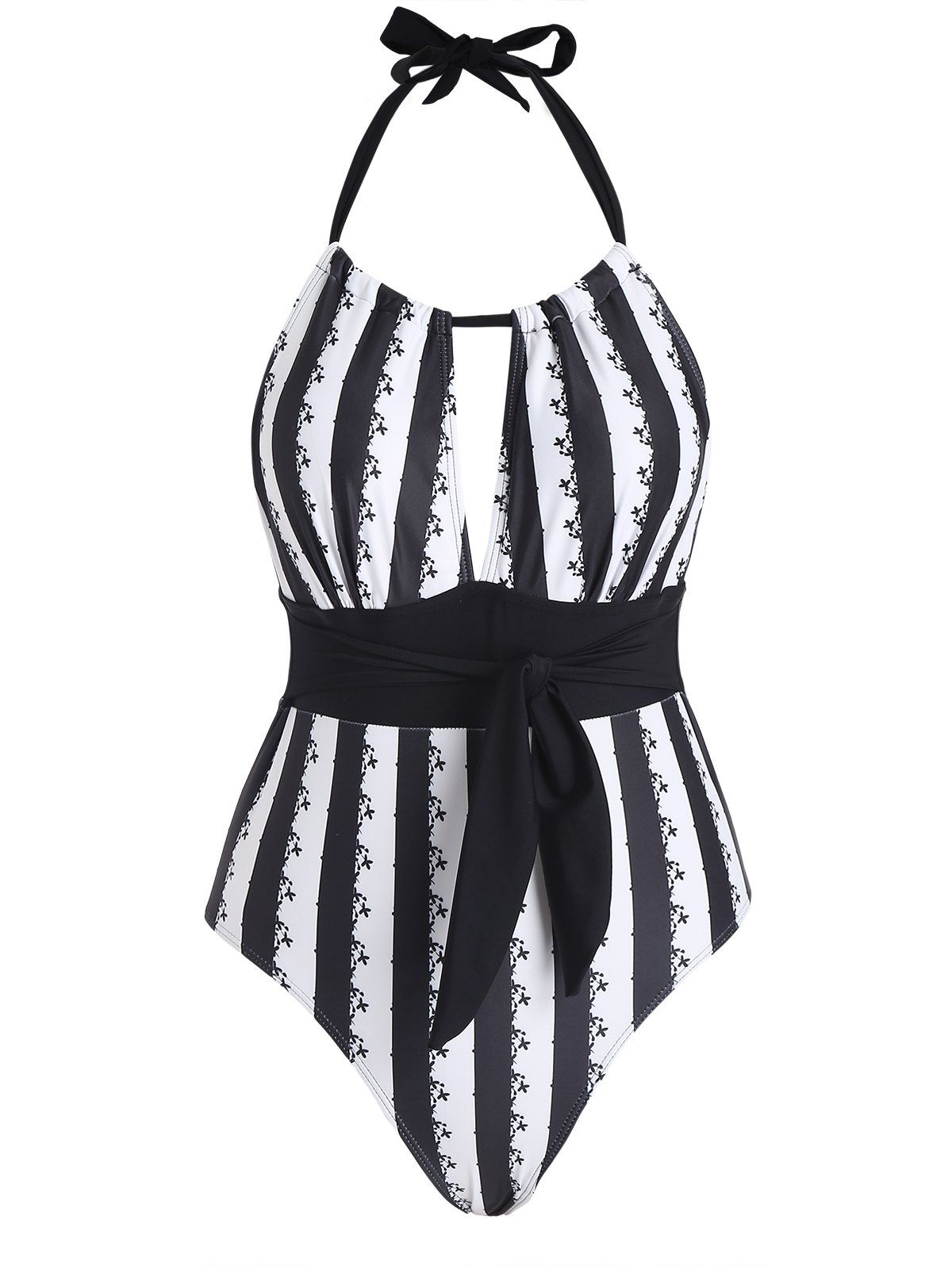 Vacation Floral Striped Print Halter One-piece Swimsuit Cut Out Self Belted Open Back Swimwear - BLACK XL