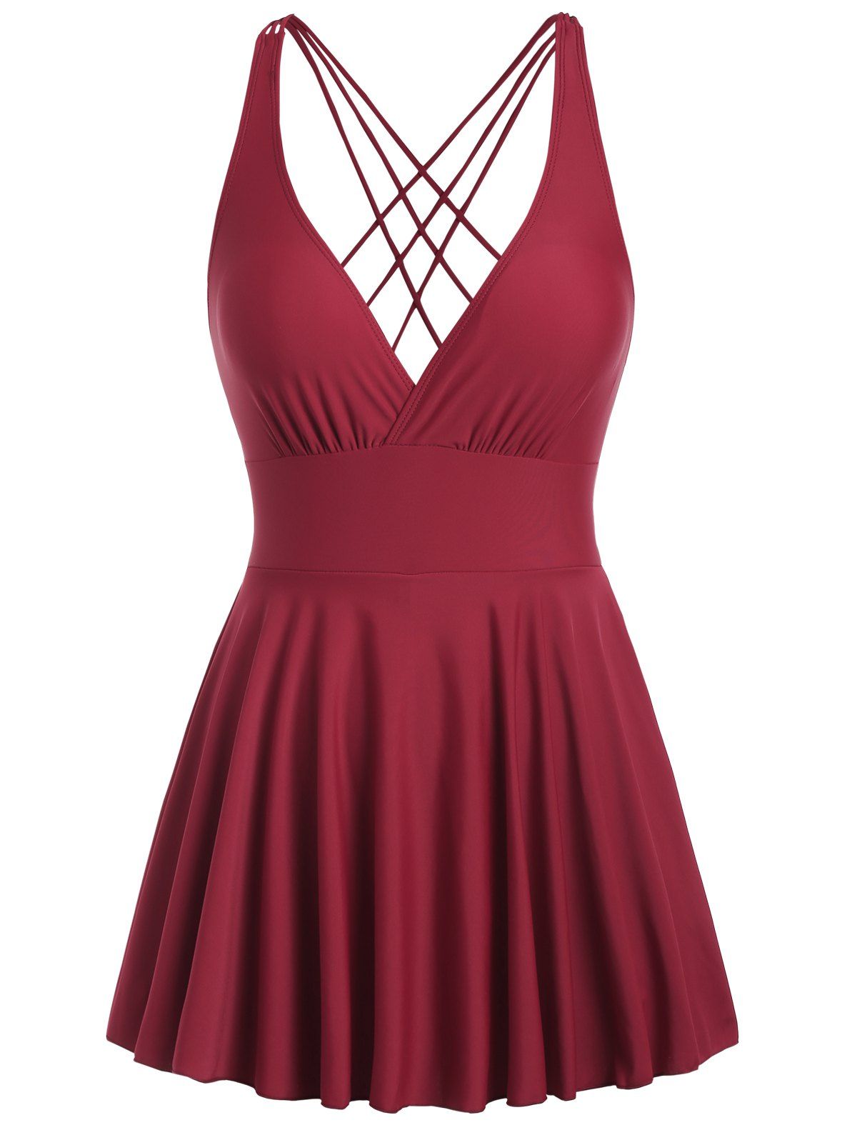 Crisscross One-piece Swimsuit Solid Color Plunging Neck High Waist Ruffle Swimwear - DEEP RED XL