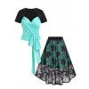 Contrast Colorblock Cut Out Surplice Bowknot T Shirt and Floral Lace Overlay High Low Skirt Summer Outfit - LIGHT GREEN L
