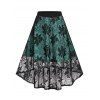 Contrast Colorblock Cut Out Surplice Bowknot T Shirt and Floral Lace Overlay High Low Skirt Summer Outfit - LIGHT GREEN XL