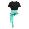 Contrast Colorblock Cut Out Surplice Bowknot T Shirt and Floral Lace Overlay High Low Skirt Summer Outfit - LIGHT GREEN XXXL