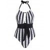 Vacation Floral Striped Print Halter One-piece Swimsuit Cut Out Self Belted Open Back Swimwear - BLACK L