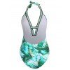 Halter One-piece Swimsuit Island Print Embellishment Plunging Neck Open Back Ladder Cut Out Swimwear - LIGHT GREEN L