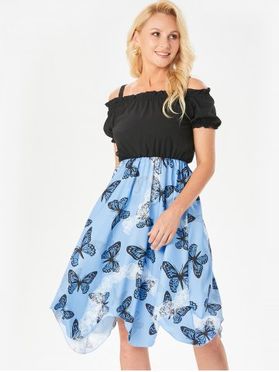 Cold Shoulder Butterfly Print Asymmetric Dress