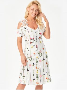 Guipure Straps Cold Shoulder Floral Leaves Print Dress