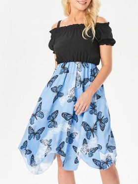 Cold Shouder Asymmetric Dress Butterfly Flower Print Contrast Combo Dress Ruffled Puff Sleeve A Line Dress
