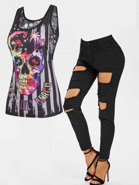 Gothic Skull Rose Flower Print Lace Panel Tank Top and Ripped Skinny Zipper Fly Jeans Summer Casual Outfit