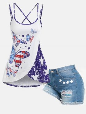 American Flag Butterfly Print Strappy Tank Top and Star Patriotic Ripped Raw Hem Denim Shorts Summer Casual Outfit
