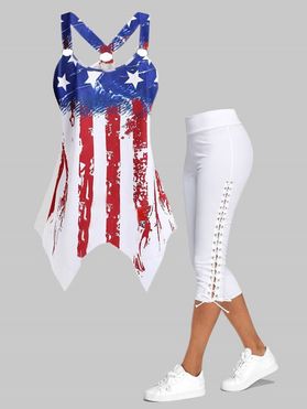 American Flag Star Striped Print O Ring Cut Out Handkerchief Tank Top and Lace Up Skinny Crop Leggings Summer Outfit