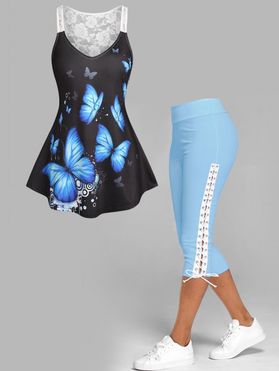 Lace Sheer Racerback Butterfly Print Tank Top and Lace Up Skinny Crop Leggings Summer Casual Outfit