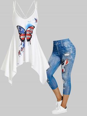 American Flag Print Asymmetrical Butterfly Cami Sundress and 3D Patriotic Capri Jeggings Summer Outfit