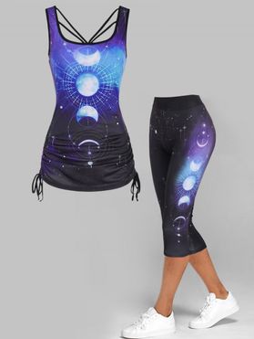 Moon Phase Allover Print Cinched Side Galaxy Tank Top and Galaxy Print Capri Leggings Summer Casual Outfit