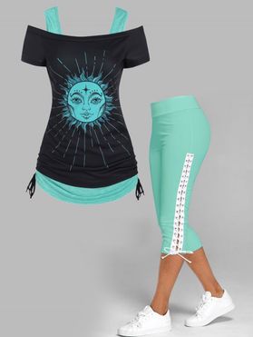 Celestial Sun Off The Shoulder T Shirt Cinched Heathered Tank Top and Lace Up Skinny Crop Leggings Summer Outfit