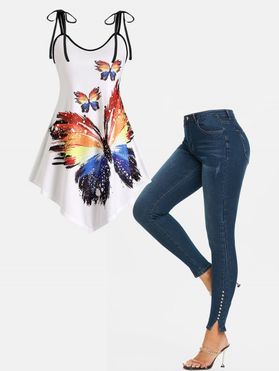 Asymmetrical Rainbow Butterfly Print Tie Shoulder Binding Cami Top and Studded Slit Dark Wash Skinny Jeans Summer Casual Outfit