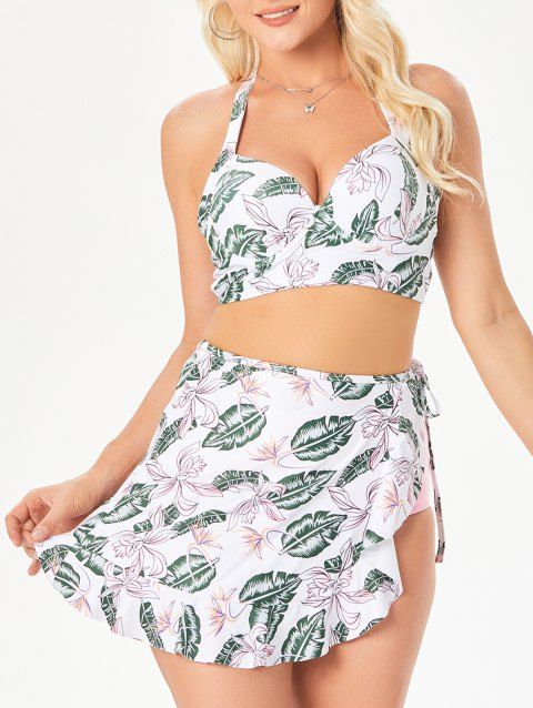 Tropical Corset Bikini Swimsuit Leaf Print Push Up Three Piece Swimwear Set