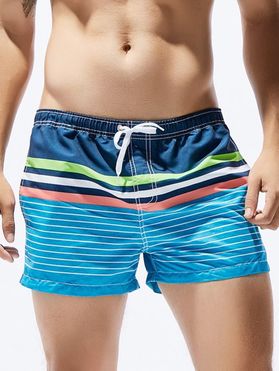 Contrast Colorblock Casual Board Shorts Striped Print Drawstrings Pockets Summer Beach Shorts