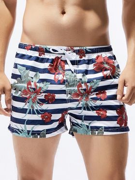 Casual Board Shorts Striped Leaf Floral Print Drawstrings Pockets Wide Leg Summer Beach Shorts