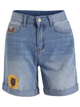 Butterfly Sunflower Print Denim Shorts Pockets Zipper Fly Light Wash Summer Shorts