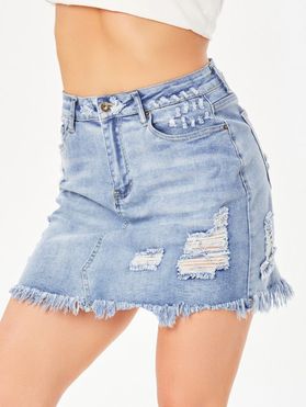 Summer Casual Denim Skirt Frayed Hem Pockets Destroyed Zipper Skirt