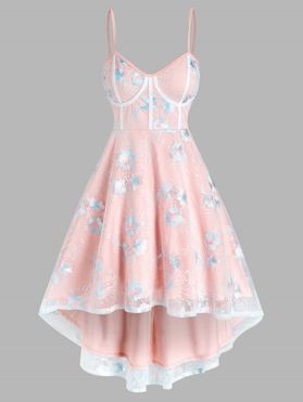 Plus Size Sundress Colorblock Flower Mesh Overlay High Waist High Low Midi Summer Dress