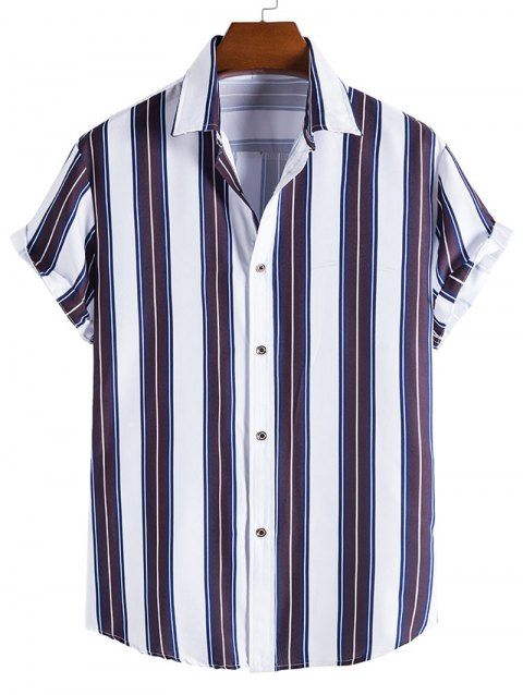 Striped Print Casual Shirt Curved Hem Turn Down Collar Short Sleeve Summer Button-up Shirt