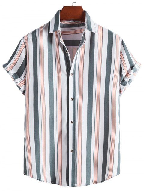 Striped Print Shirt Curved Hem Turn Down Collar Summer Casual Button-up Shirt
