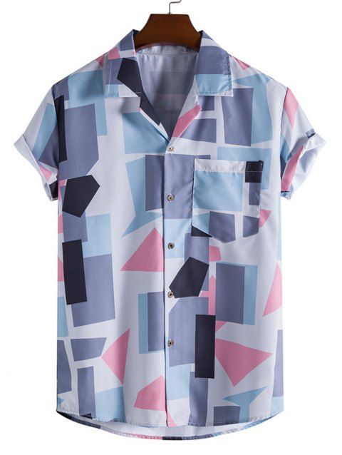 Casual Shirt Geometric Print Front Pocket Notched Collar Short Sleeve Summer Button-up Shirt