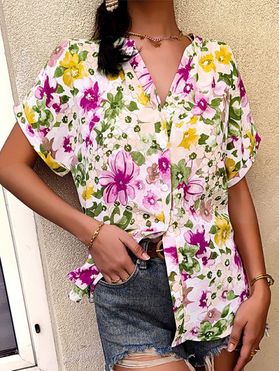 Tropical Shirt Allover Flower Print Curve Hem V Neck Roll Up Cuff Summer Button-up Shirt