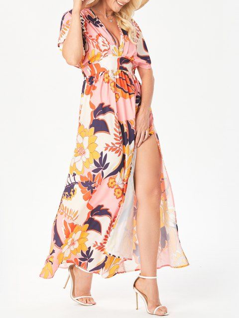 Bright Flower Print Bohemian Maxi Dress High Slit Dolman Sleeve Plunge High Waist Dress
