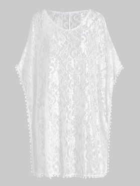 Plus Size Beach Sheer Cover-up Floral Lace Slit Swiss Dots Solid Color Cover Up