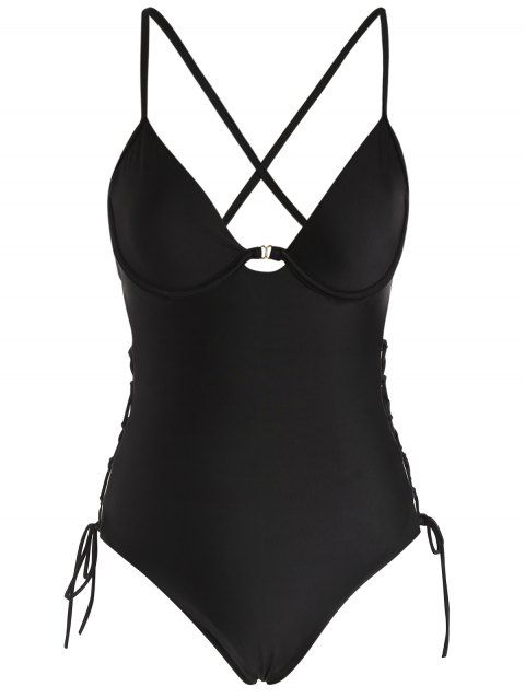 Underwire One-piece Swimsuit Lace Up Lattice Cross Pure Color Swimwear Set