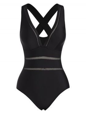 Solid Color One-piece Swimsuit Lace Crisscross Plunging Neck Open Back Summer Swimwear