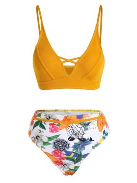 Tropical Leaf Floral Print Swimsuit Crisscross Open Back Cut Out Summer Bikini Swimwear