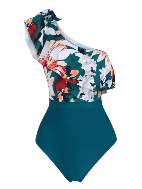 Daisy Print Lace Insert Ruffle Vacation One-piece Swimsuit Bowknot Foldover One Shoulder Open Back Swimwear