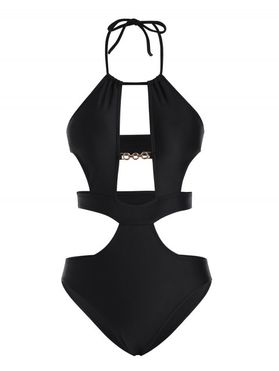 Cut Out Monokini Swimsuit Pure Color Halter Padded One-Piece Swimwear Set