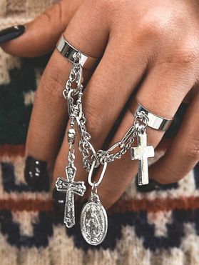 Punk Silver Cross Pendants Adjustable Alloy Chain Ring