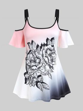 Plus Size Cold Shoulder Ombre Color Floral Print T-shirt