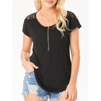 

Lace Panel Half Zip Front Curved Hem T-shirt, Black