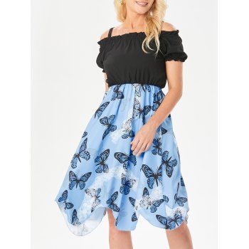 

Cold Shoulder Butterfly Print Asymmetric Dress, Blue