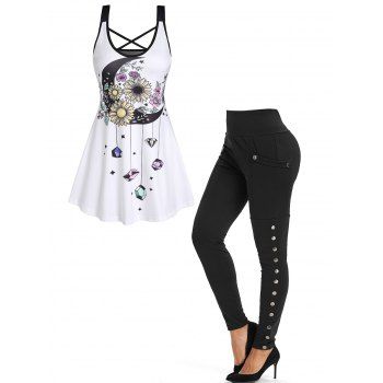 

Crisscross Gem Moon Floral Print Skirted Tank Top and High Waisted Pocket Snap Button Side Leggings Summer Casual Outfit, Multicolor