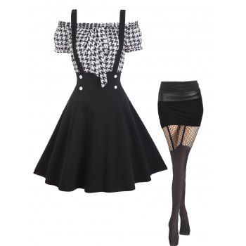 

Houndstooth Off Shoulder Knotted Top Suspender Skirt and Hollow Out High Waist Semi Opaque Long Pantyhose Summer Outfit, Black