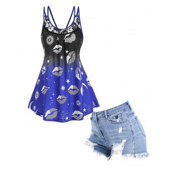

Rose Lace Insert Lip Star Print Polka Dot Striped Ombre Tank Top and Pockets Frayed Hem Distressed Zipper Fly Denim Shorts Summer Casual Outfit, Multicolor