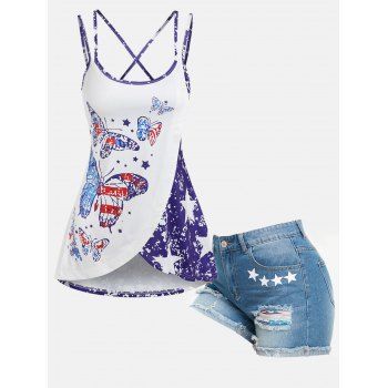 

American Flag Butterfly Print Strappy Tank Top and Star Patriotic Ripped Raw Hem Denim Shorts Summer Casual Outfit, Multicolor