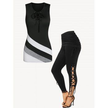 

Lace Up Contrast Colorblock Tank Top and Cinched Skinny Slit Pants Summer Casual Outfit, Black