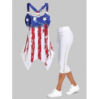 

American Flag Star Striped Print O Ring Cut Out Handkerchief Tank Top and Lace Up Skinny Crop Leggings Summer Outfit, Multicolor