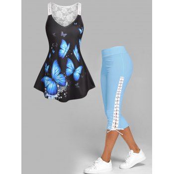 

Lace Sheer Racerback Butterfly Print Tank Top and Lace Up Skinny Crop Leggings Summer Casual Outfit, Multicolor