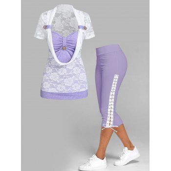 

Floral Lace Panel Cowl Front Faux Twinset T Shirt and Lace Up Skinny Crop Leggings Summer Casual Outfit, Light purple